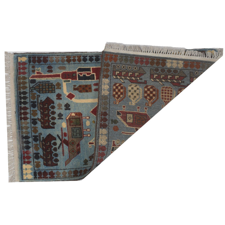 Blue Afghan Tribal Rug 1'9" x 2'9" Hand-Knotted detail