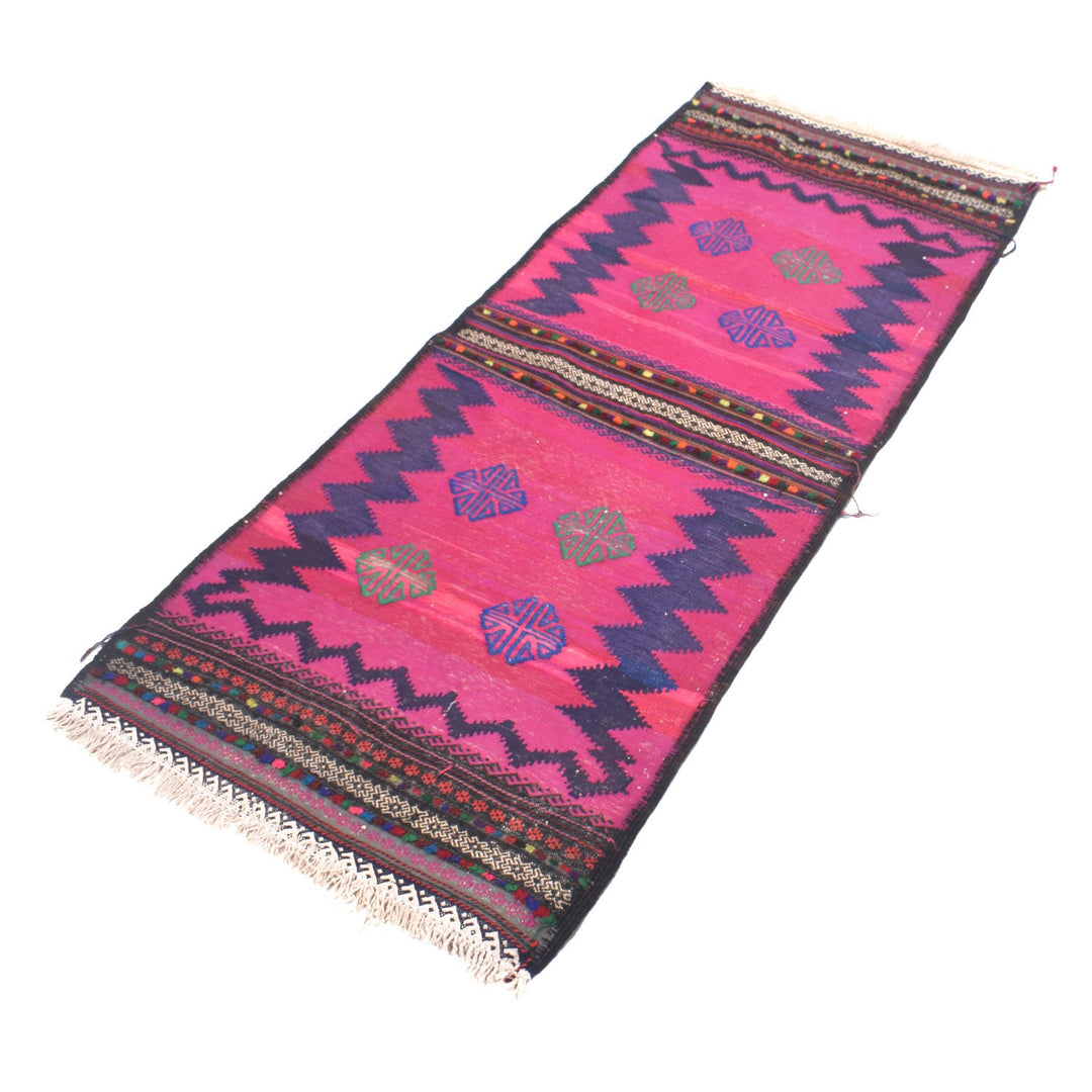 Pink Afghan Sufra Kilim Rug 2' x 4'6" Flat-Weave close-up
