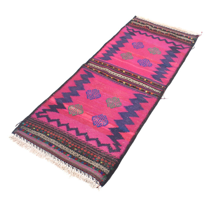 Pink Afghan Sufra Kilim Rug 2' x 4'6" Flat-Weave close-up