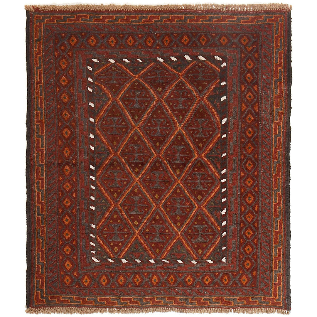 Red Afghan Mashwani Rug 3'3" x 3'7" Hand-Knotted