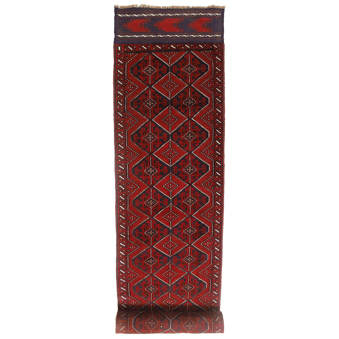 Red Afghan Mashwani Runner 2'4" x 11'5" Hand-Knotted