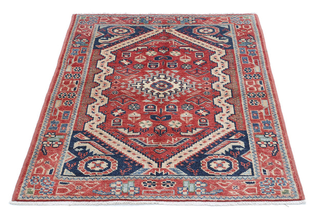 Hand Knotted Tribal Kazak Wool Rug 3' 4" x 4' 4" - No. AT60526