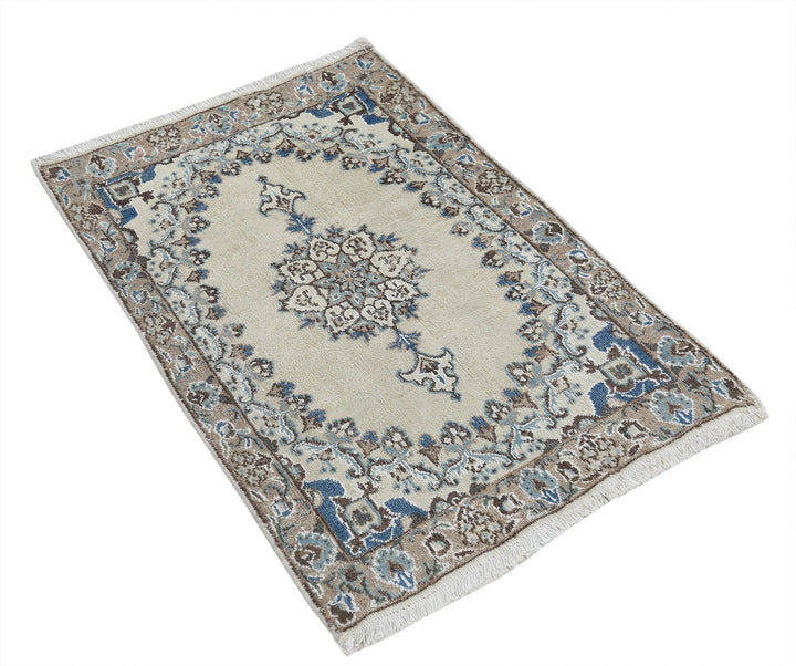 Hand Knotted Vintage Persian Nain Wool & Silk Rug 1' 11" x 2' 10" - No. AT70993