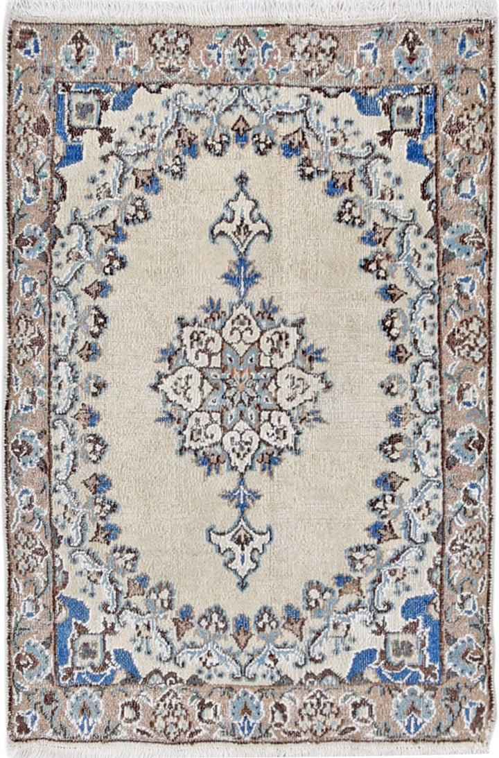 Hand Knotted Vintage Persian Nain Wool & Silk Rug 1' 11" x 2' 10" - No. AT70993