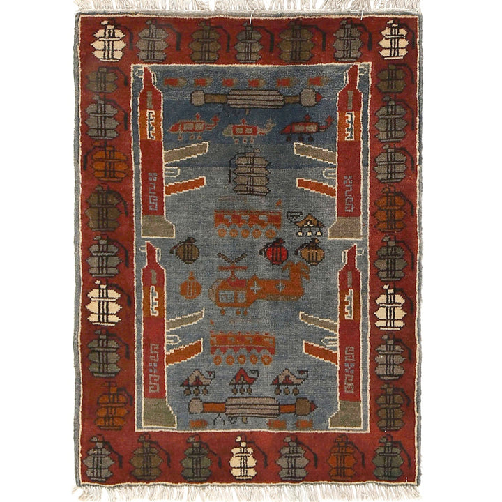 Blue Afghan War Rug 2' x 2'8" Hand-Knotted