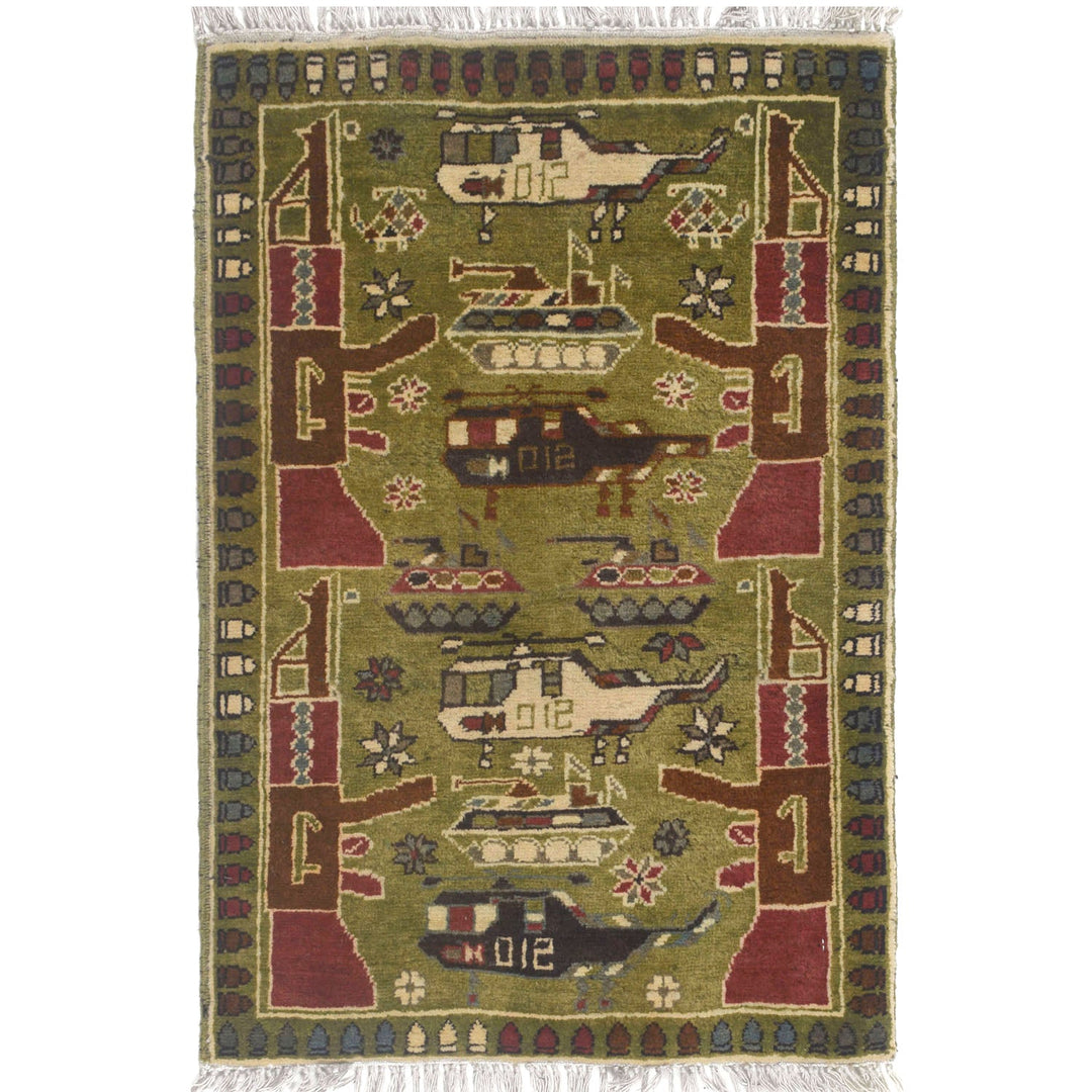 Green Afghan Tribal Rug 2' x 2'8" Hand-Knotted