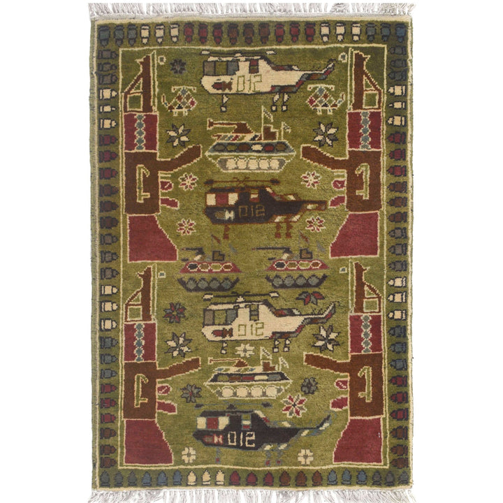 Green Afghan Tribal Rug 2' x 2'8" Hand-Knotted