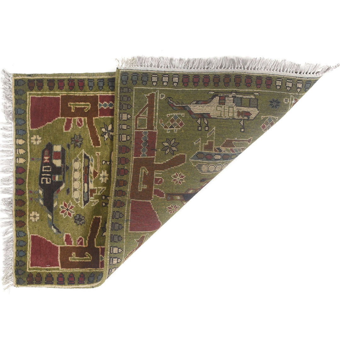 Green Afghan Tribal Rug 2' x 2'8" Hand-Knotted detail