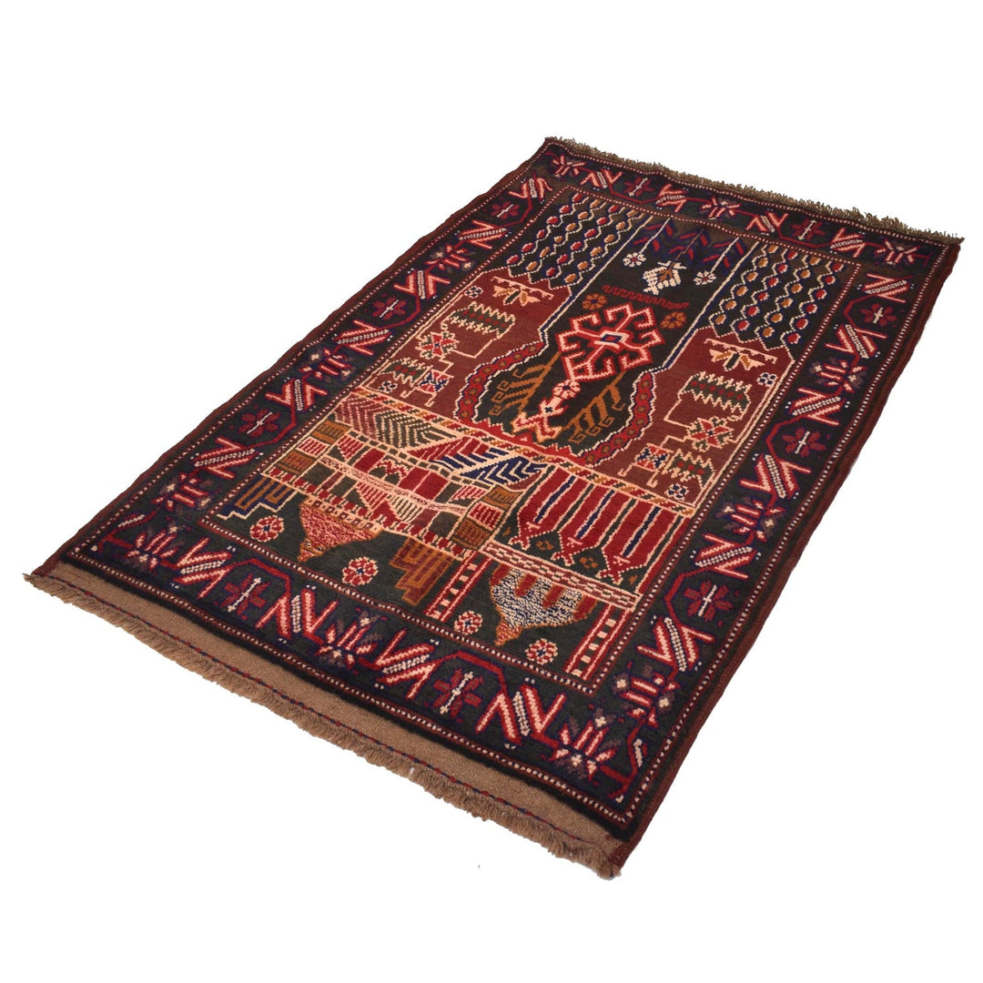 Afghan Prayer Rug 3'1" x 4'6" Hand-Knotted close-up