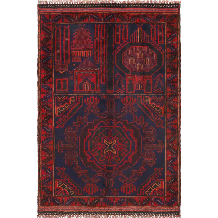 Red Afghan Prayer Rug 3'1" x 4'7" Hand-Knotted