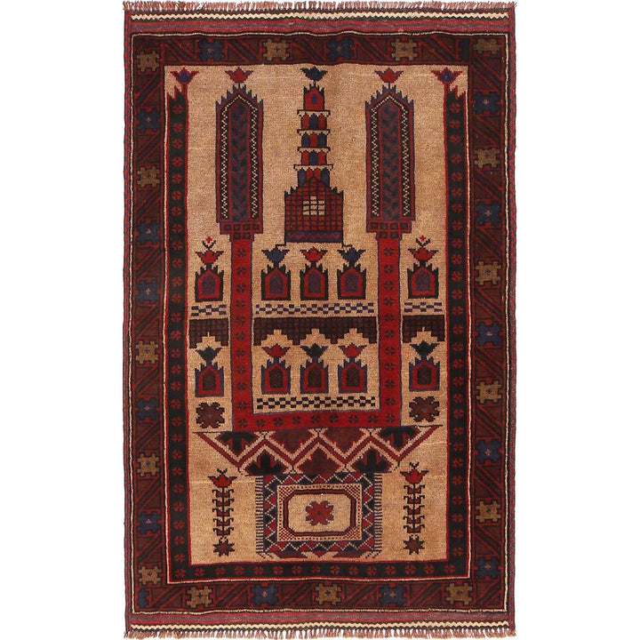 Beige Afghan Prayer Rug 3'0" x 4'7" Hand-Knotted