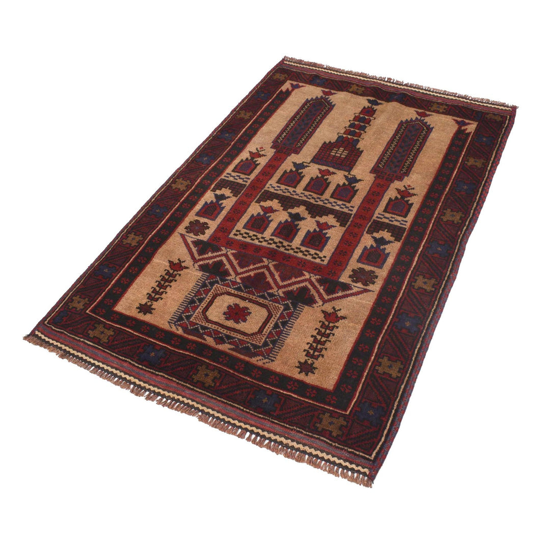 Beige Afghan Prayer Rug 3'0" x 4'7" Hand-Knotted close-up