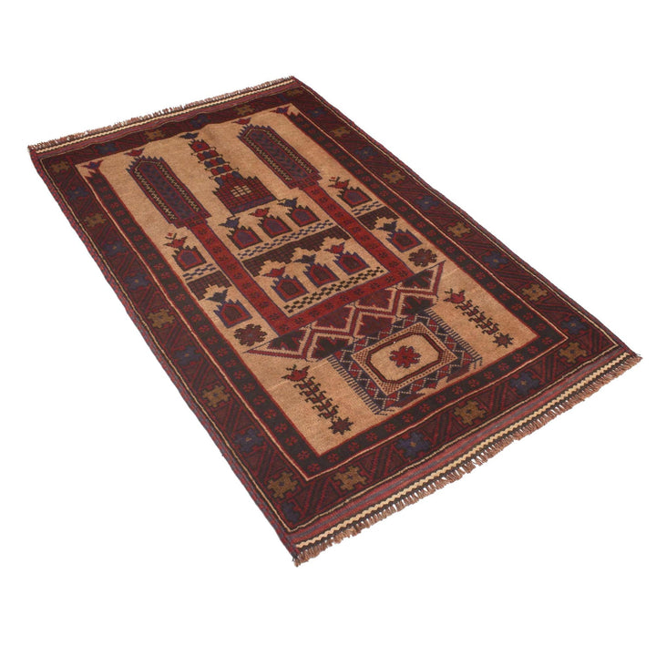 Beige Afghan Prayer Rug 3'0" x 4'7" Hand-Knotted pattern