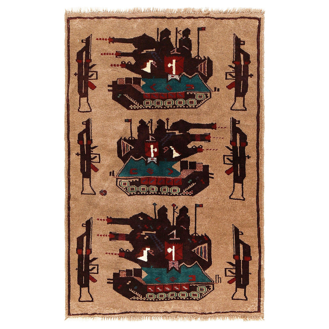 Beige Afghan Tribal Rug 2'8" x 4'4" Hand-Knotted