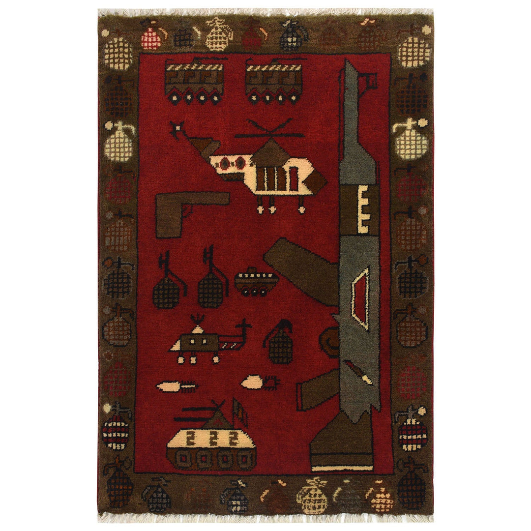 Red Afghan War Rug 1'9" x 2'9" Hand-Knotted