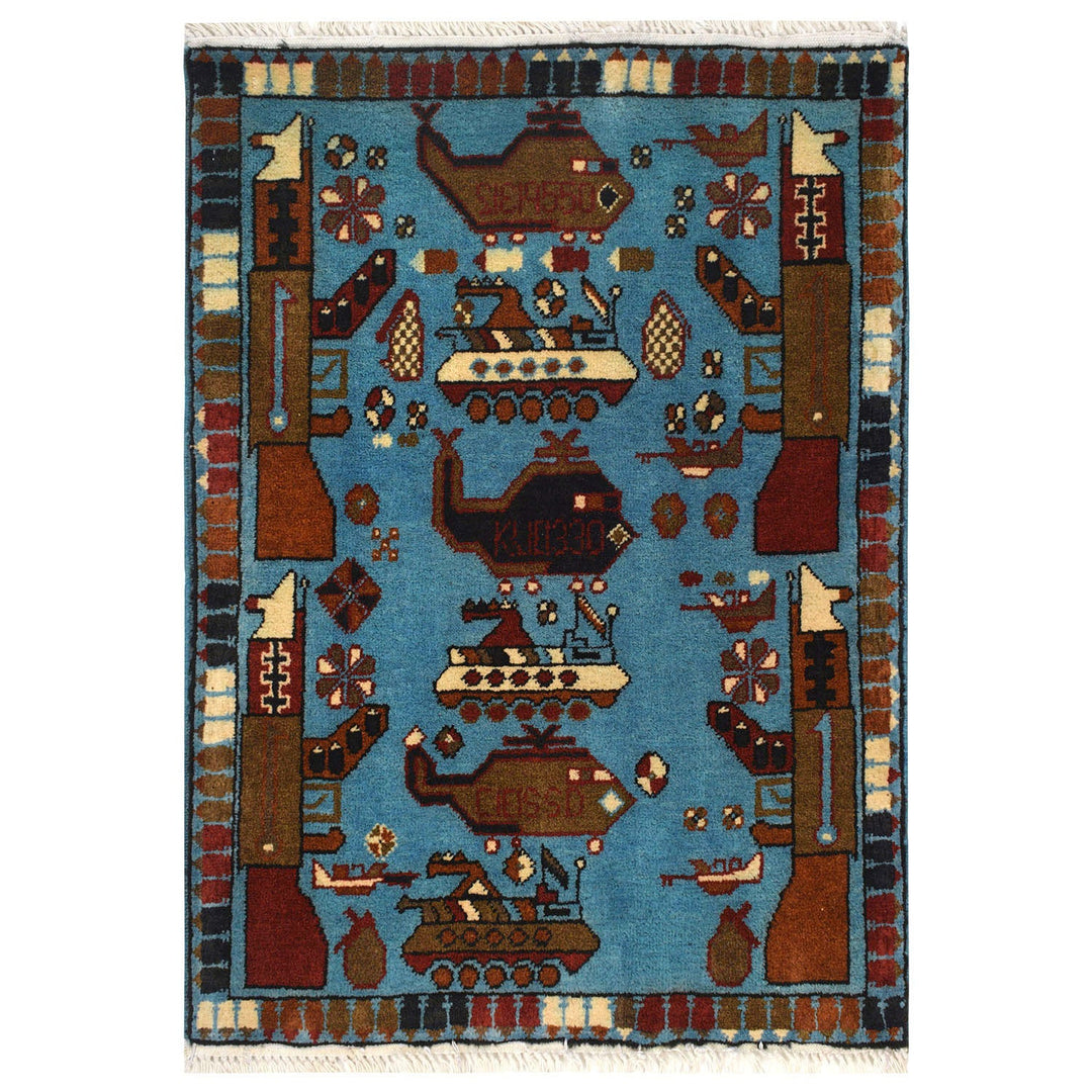 Blue Afghan Tribal Rug 2' x 2'8" Hand-Knotted