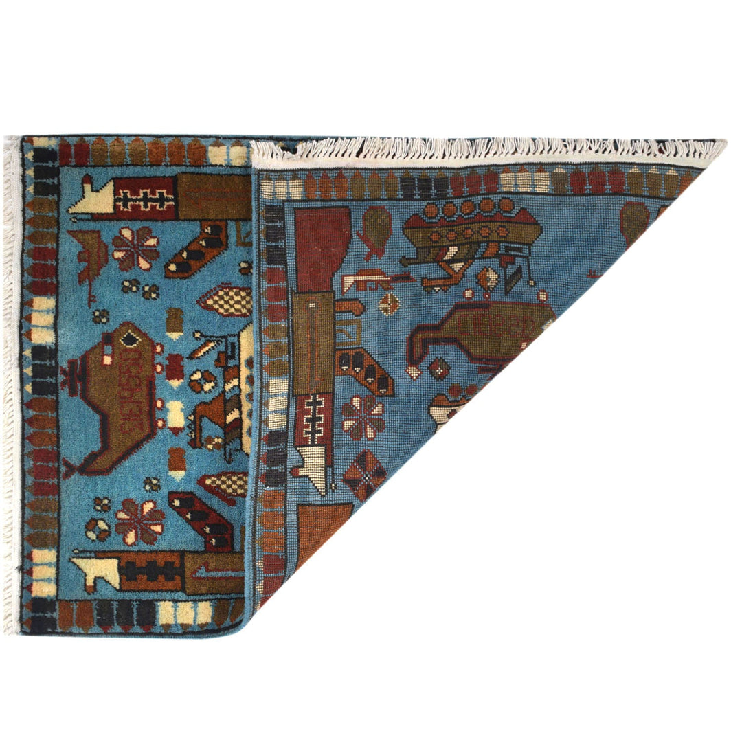 Blue Afghan Tribal Rug 2' x 2'8" Hand-Knotted detail