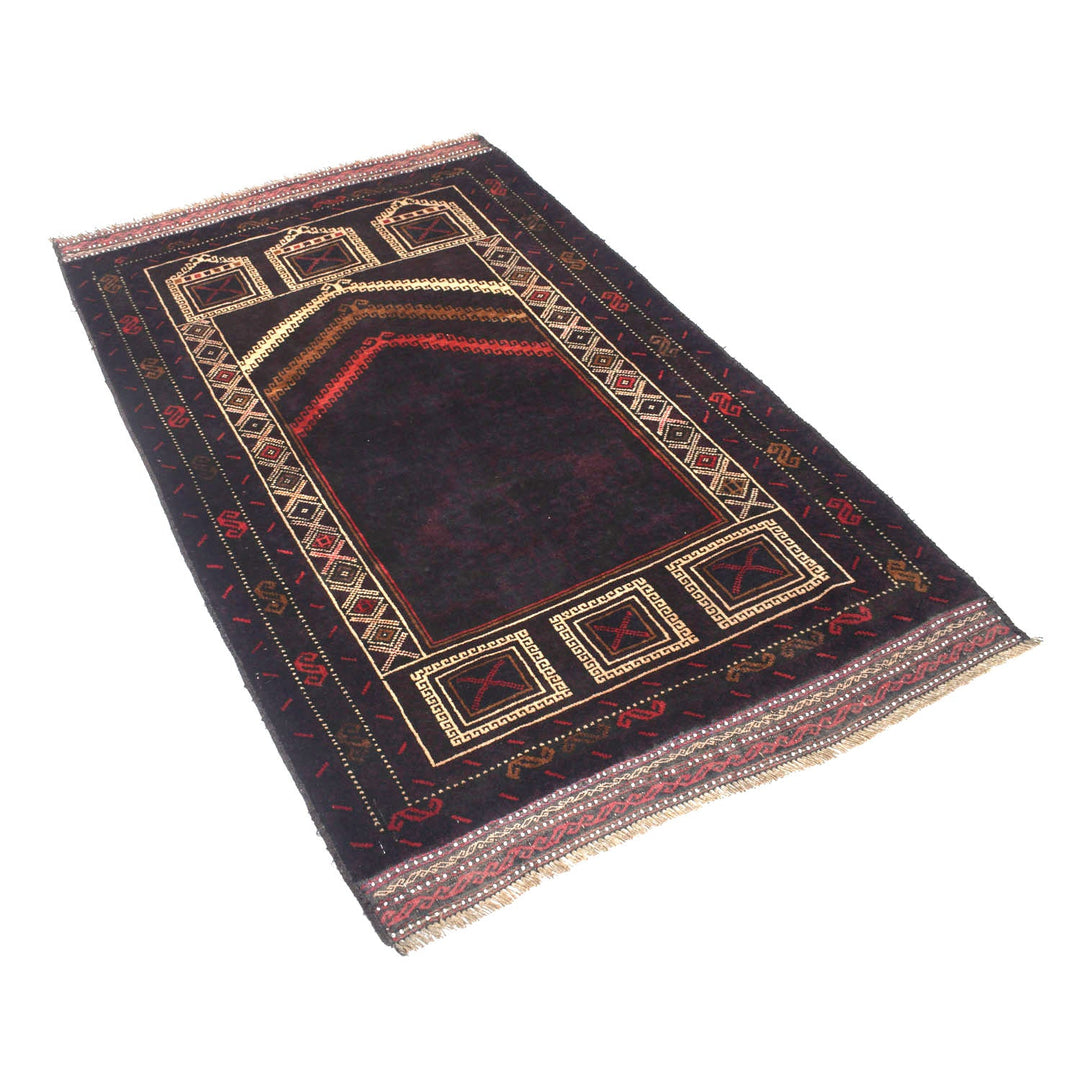 Black Afghan Prayer Rug 3' x 5'1" Hand-Knotted pattern