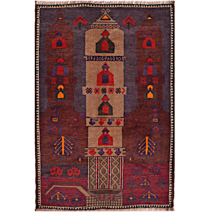 Afghan Tribal Prayer Rug 3'1" x 4'6" Hand-Knotted