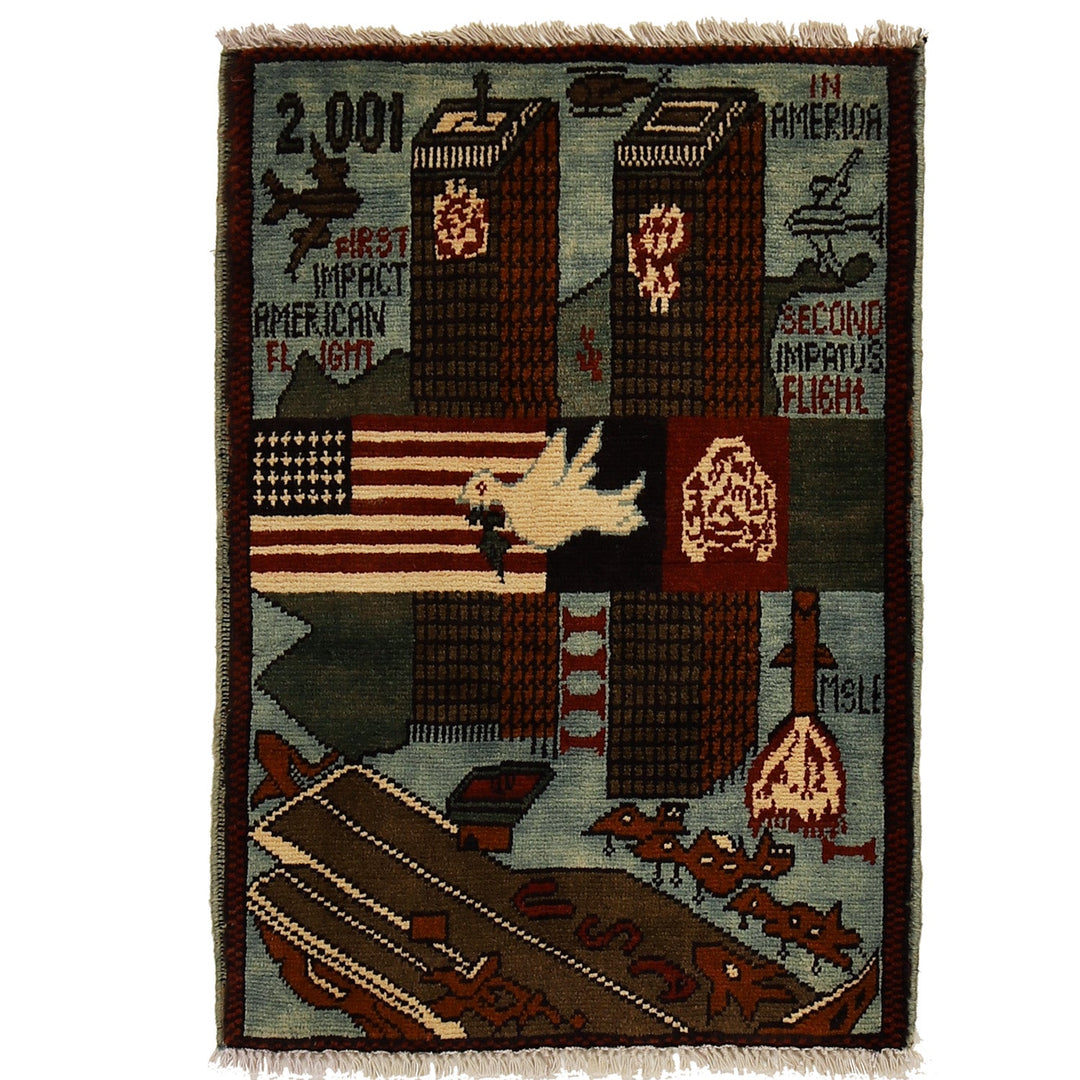 Blue Afghan War Rug 2' x 2'8" Hand-Knotted