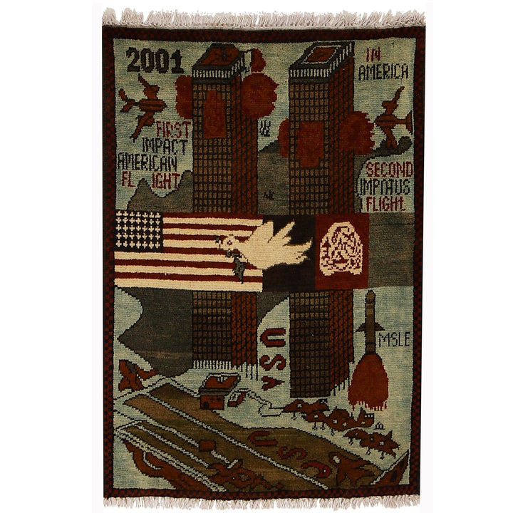 Beige Afghan War Rug 1'9" x 2'8" Hand-Knotted