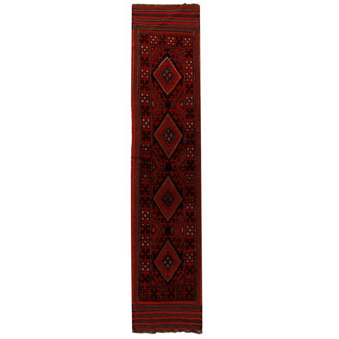 Red Afghan Mashwani Rug 1'8" x 8'3" Hand-Knotted