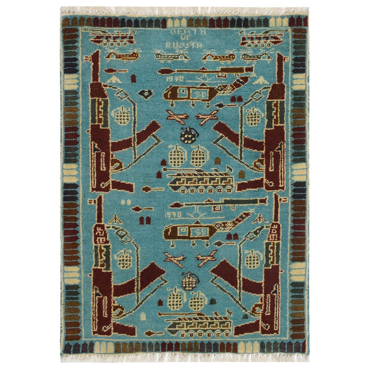 Blue Afghan War Rug 2' x 2'8" Hand-Knotted