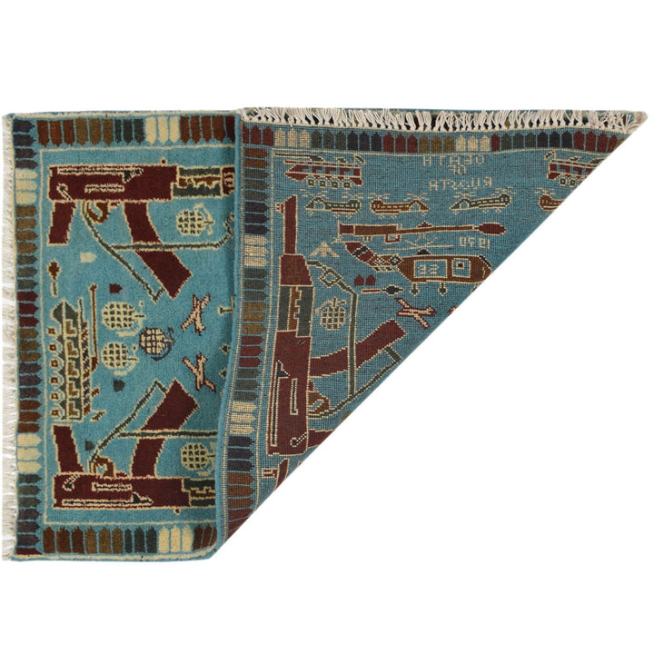 Blue Afghan War Rug 2' x 2'8" Hand-Knotted detail