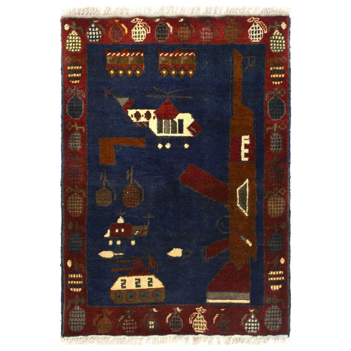 Blue Afghan War Rug 2' x 2'9" Hand-Knotted