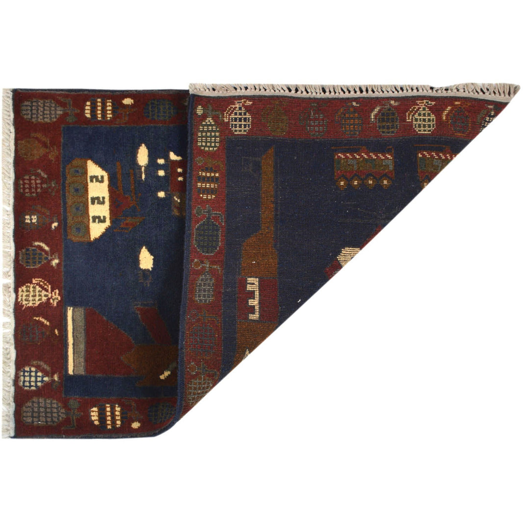 Blue Afghan War Rug 2' x 2'9" Hand-Knotted detail