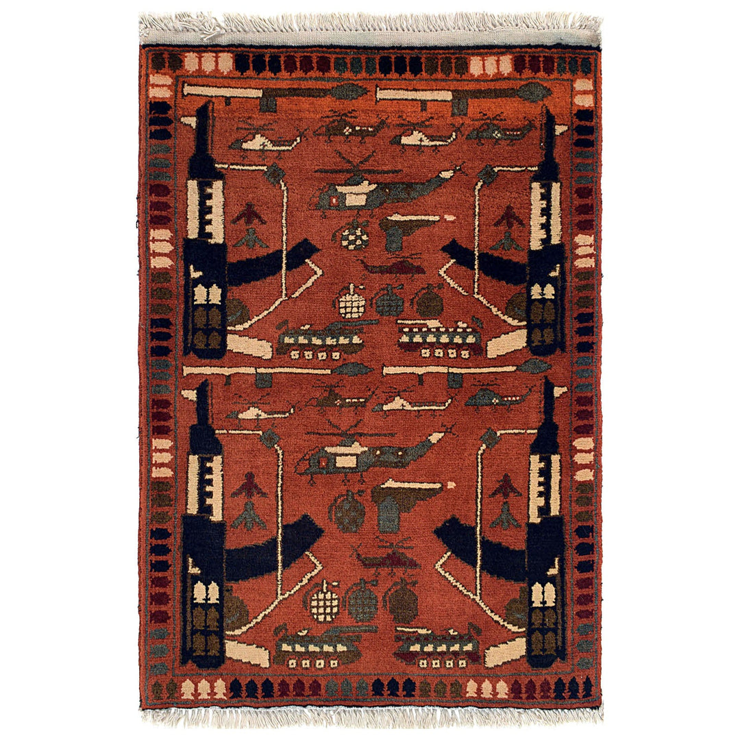 Red Afghan War Rug 2' x 2'8" Hand-Knotted