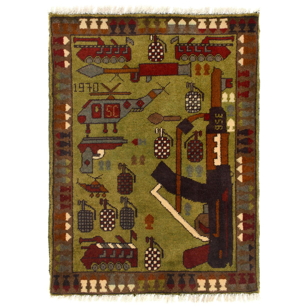 Green Afghan Tribal Rug 2'1" x 2'7" Hand-Knotted