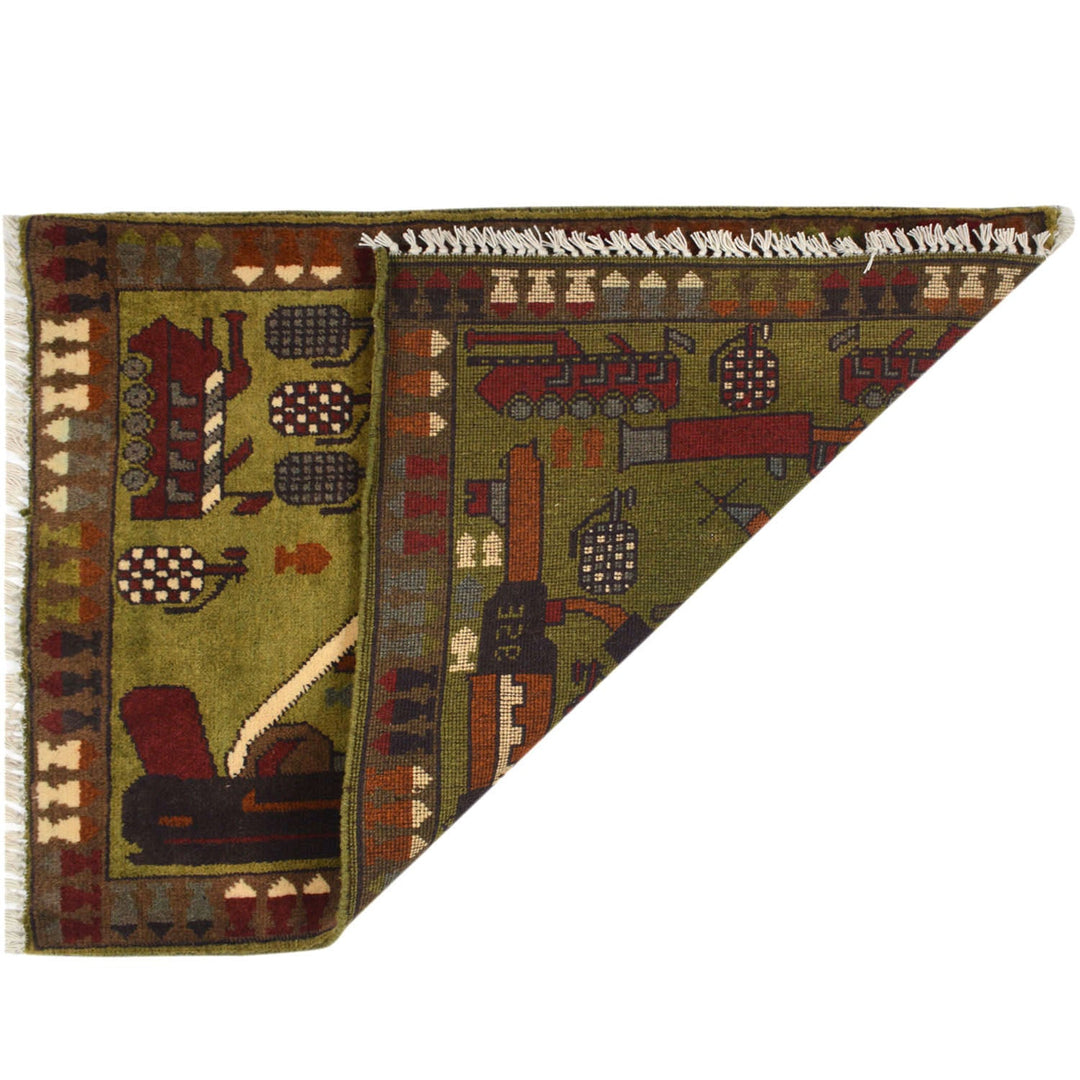 Green Afghan Tribal Rug 2'1" x 2'7" Hand-Knotted detail