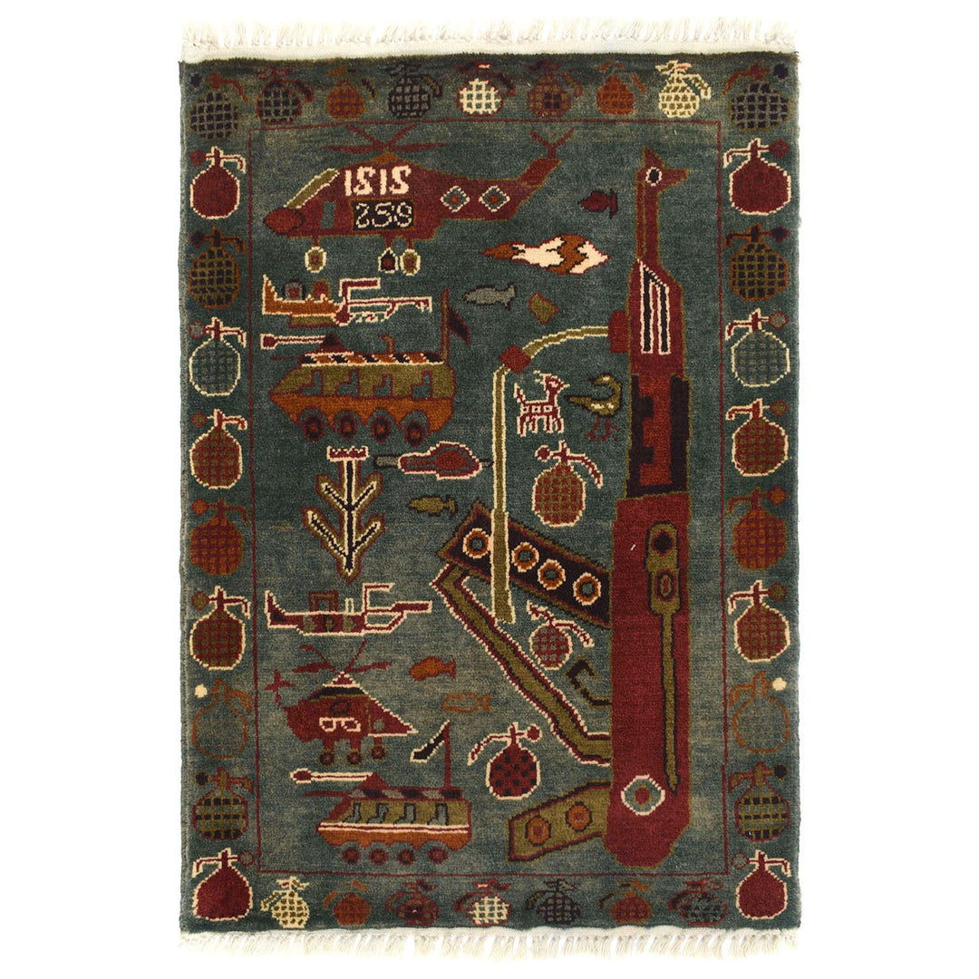 Blue Afghan War Rug 2'1" x 2'9" Hand-Knotted