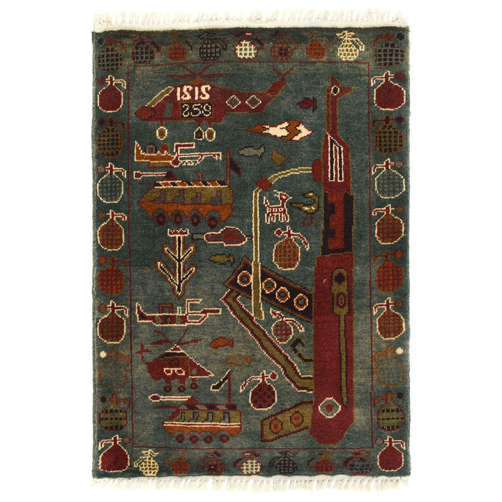 Blue Afghan War Rug 2'1" x 2'9" Hand-Knotted