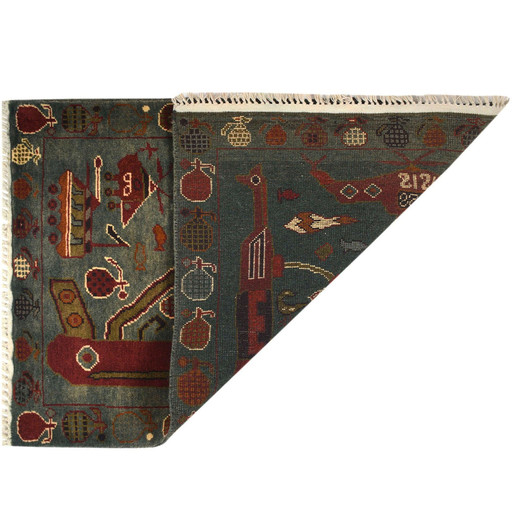 Blue Afghan War Rug 2'1" x 2'9" Hand-Knotted detail