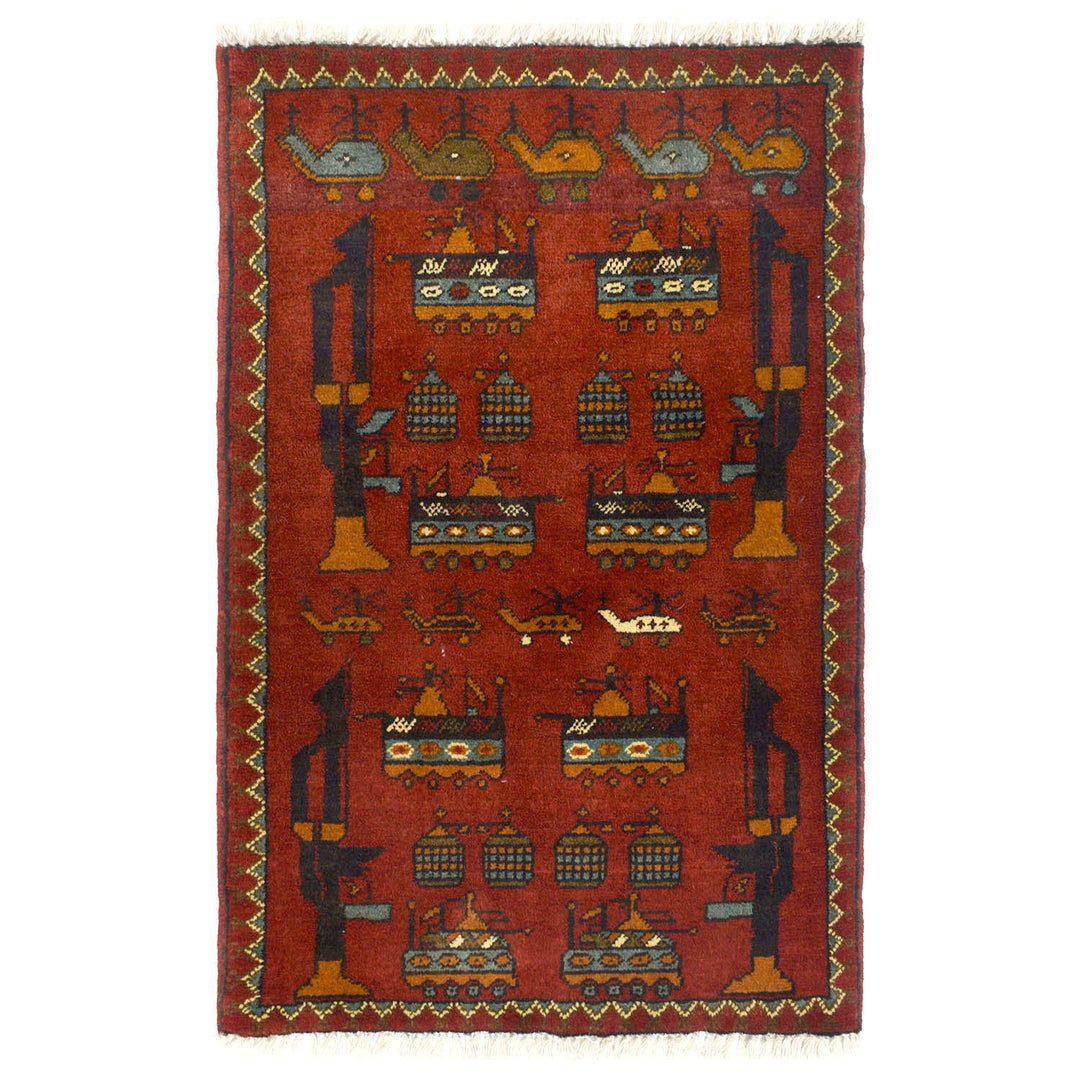 Red Afghan Tribal Rug 1'9" x 2'9" Hand-Knotted