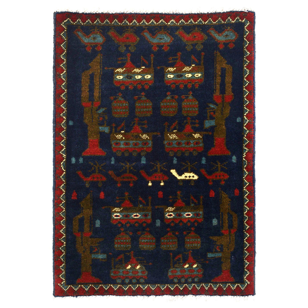 Blue Afghan War Rug 2' x 2'8" Hand-Knotted