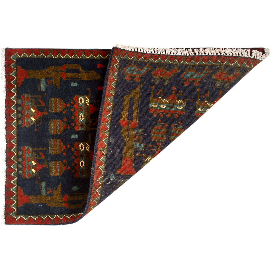 Blue Afghan War Rug 2' x 2'8" Hand-Knotted detail
