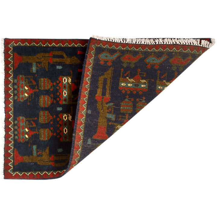 Blue Afghan War Rug 2' x 2'8" Hand-Knotted detail