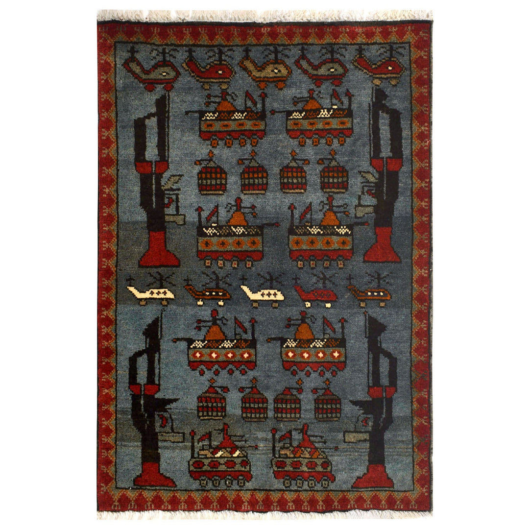 Blue Afghan War Rug 2' x 2'8" Hand-Knotted