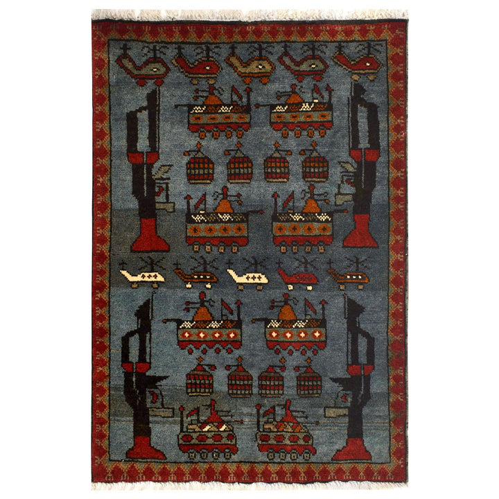 Blue Afghan War Rug 2' x 2'8" Hand-Knotted