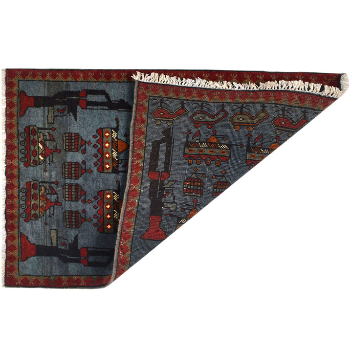 Blue Afghan War Rug 2' x 2'8" Hand-Knotted detail