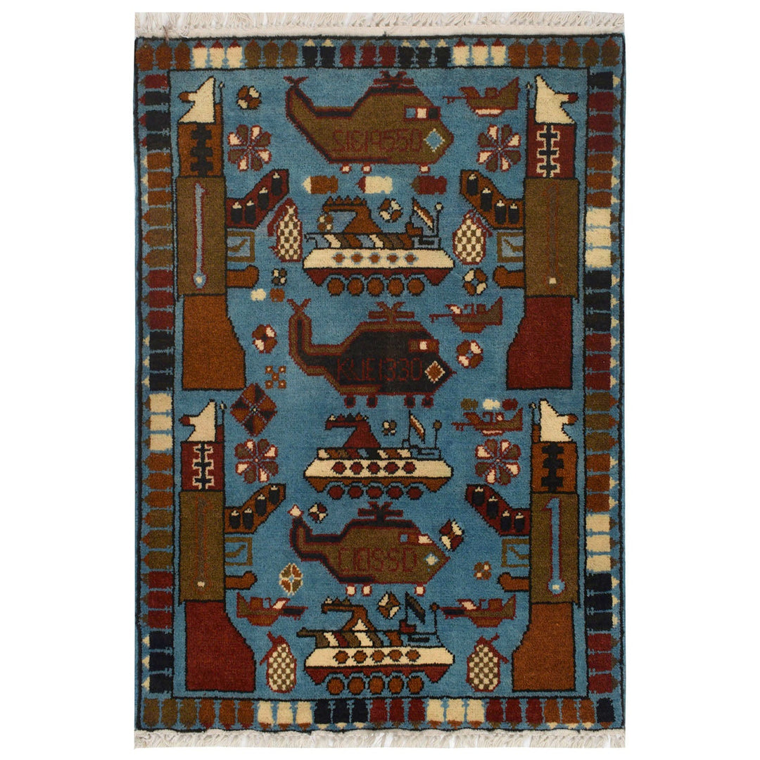 Blue Afghan Tribal Rug 1'9" x 2'9" Hand-Knotted