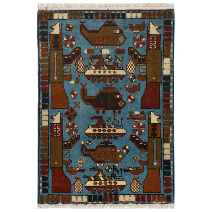 Blue Afghan Tribal Rug 1'9" x 2'9" Hand-Knotted