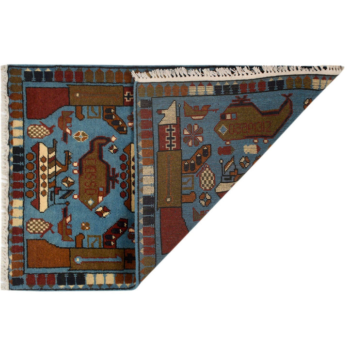 Blue Afghan Tribal Rug 1'9" x 2'9" Hand-Knotted detail