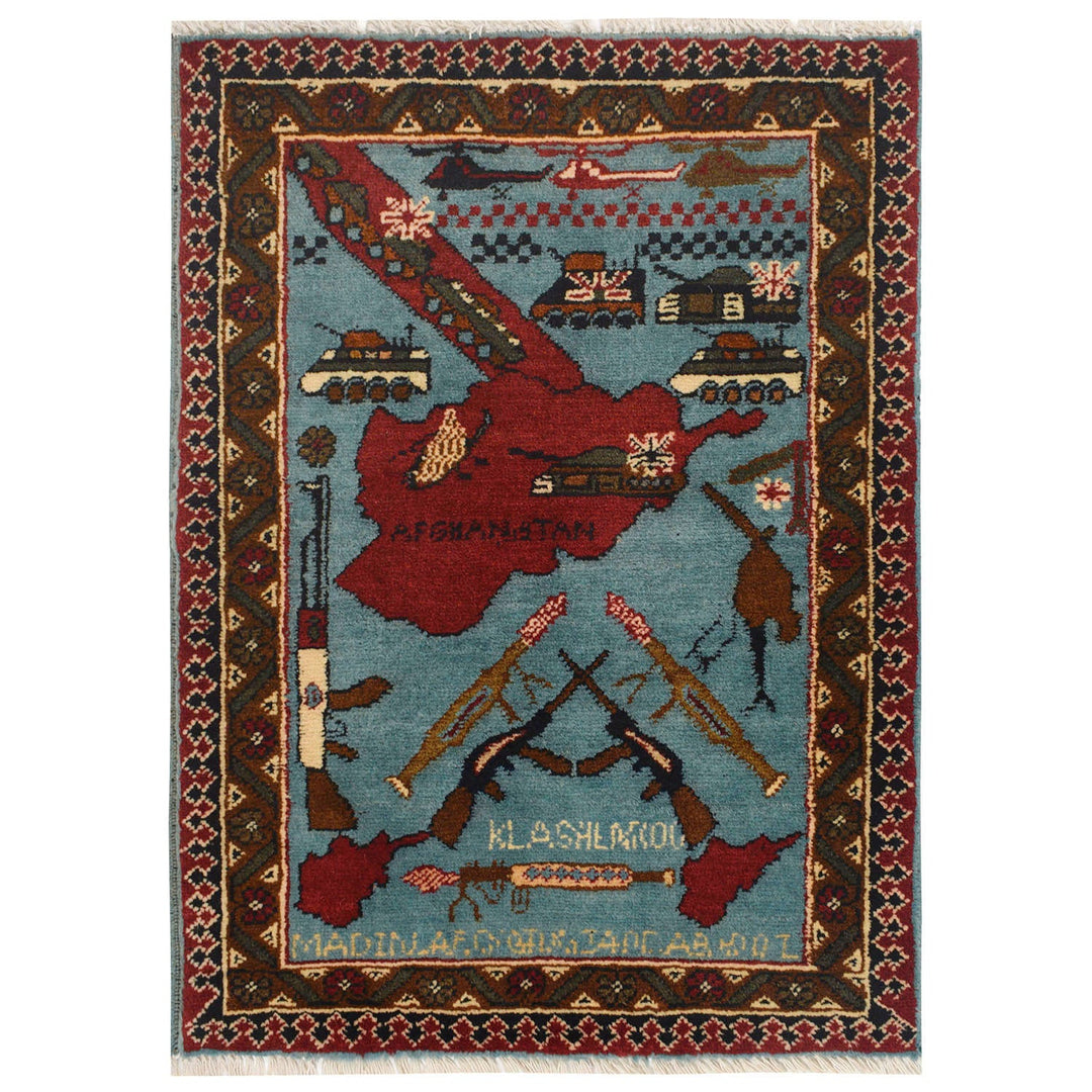 Blue Afghan War Rug 2' x 2'8" Hand-Knotted
