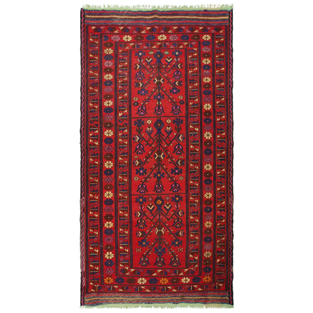 Red Afghan Saghari Kilim Rug 4'4" x 9'2" Flat-Weave