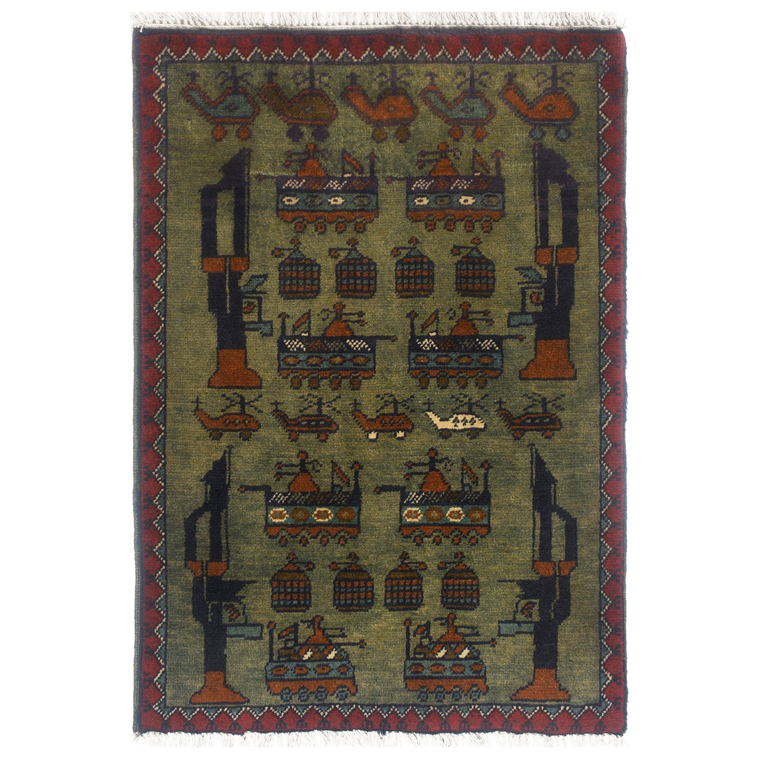 Green Afghan Tribal Rug 1'9" x 2'8" Hand-Knotted