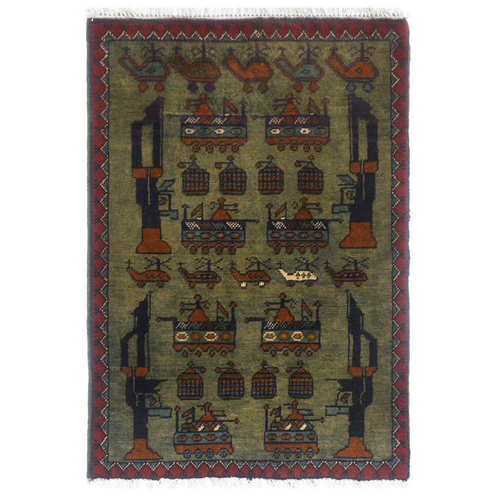 Green Afghan Tribal Rug 1'9" x 2'8" Hand-Knotted